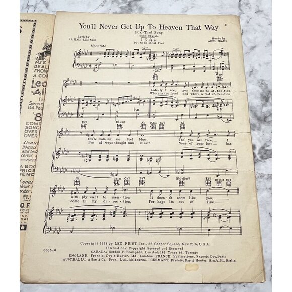 Youll Never Get Up To Heaven That Way 1933 Vtg Sheet Music Fox Trot Sammy Lerner - Picture 2 of 6